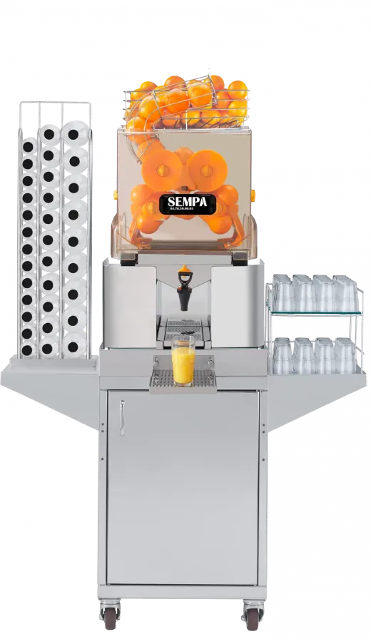 Machine à jus d’oranges professionnelle en libre-service avec verre et réserve d’oranges