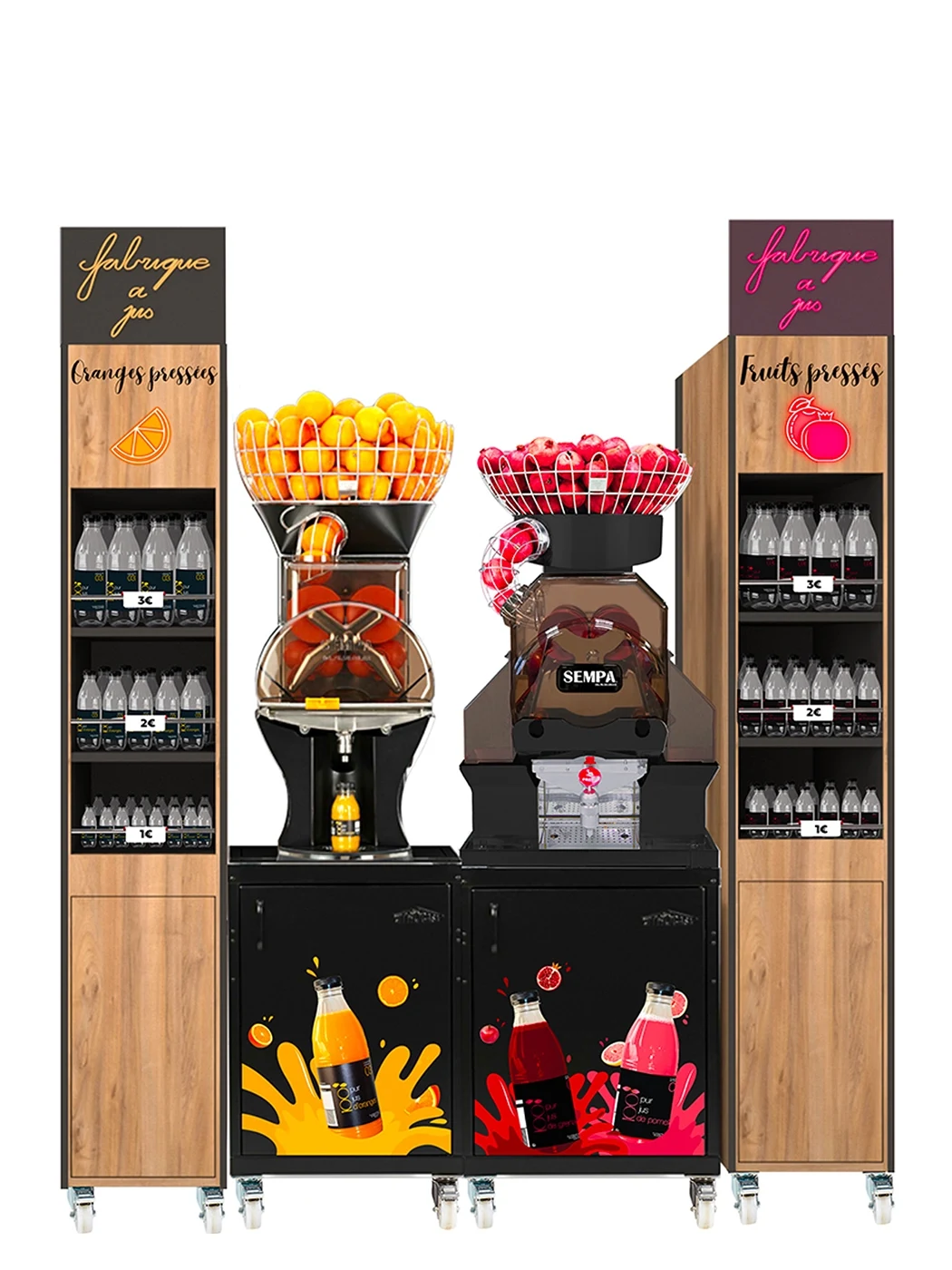 Configuration La Fabrique à Jus avec deux colonnes, une machine à oranges et une machine à fruits pressés