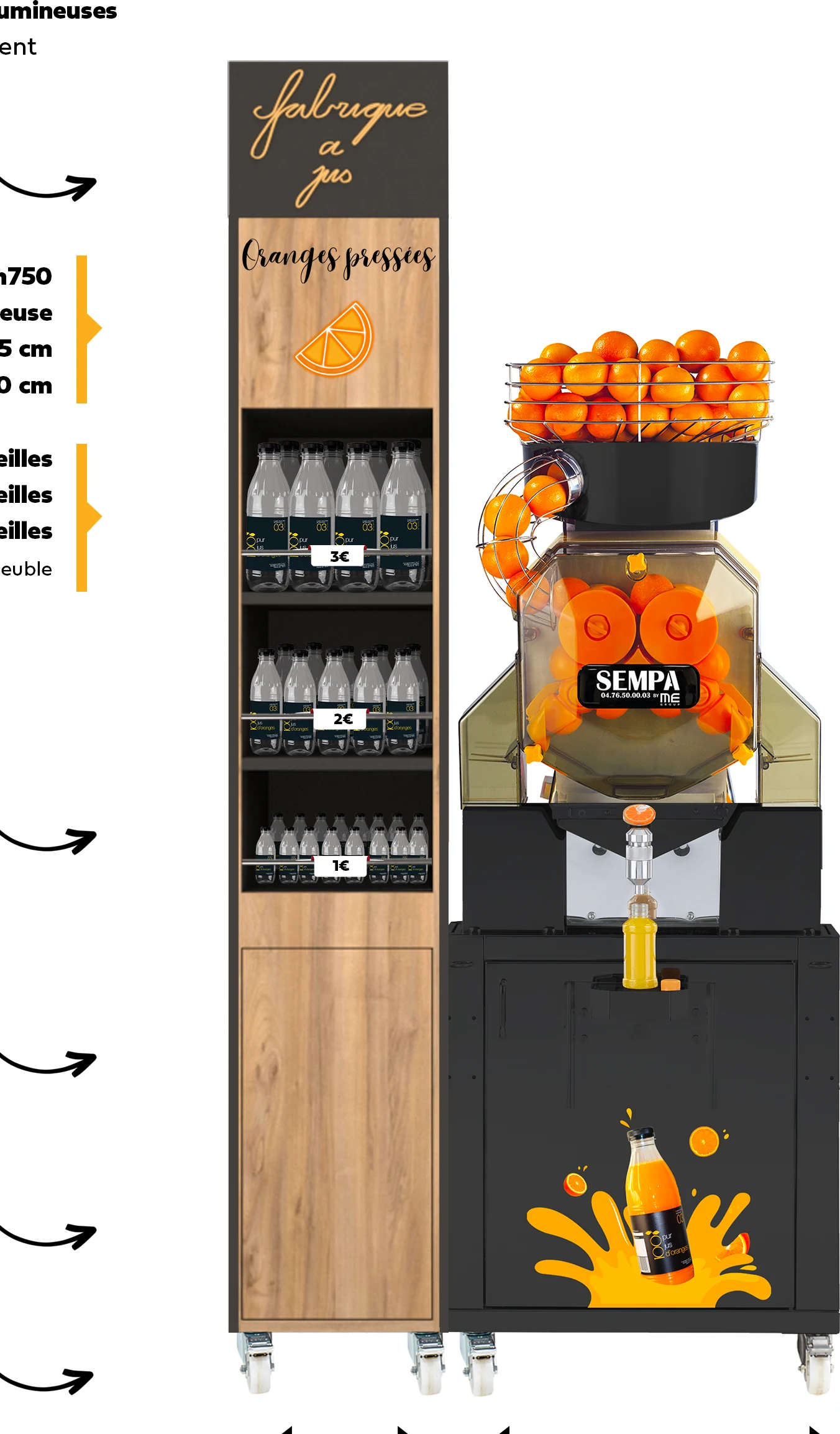 Module La Fabrique à Jus avec colonne de présentation et machine à oranges sur meuble mobile
