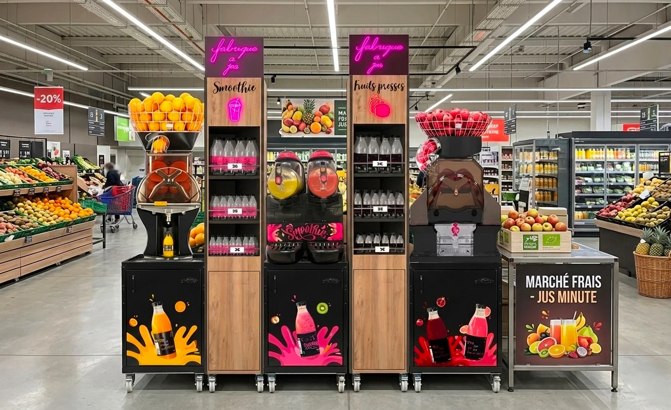La Fabrique à Jus installée au rayon fruits et légumes avec plusieurs machines et colonnes de présentation