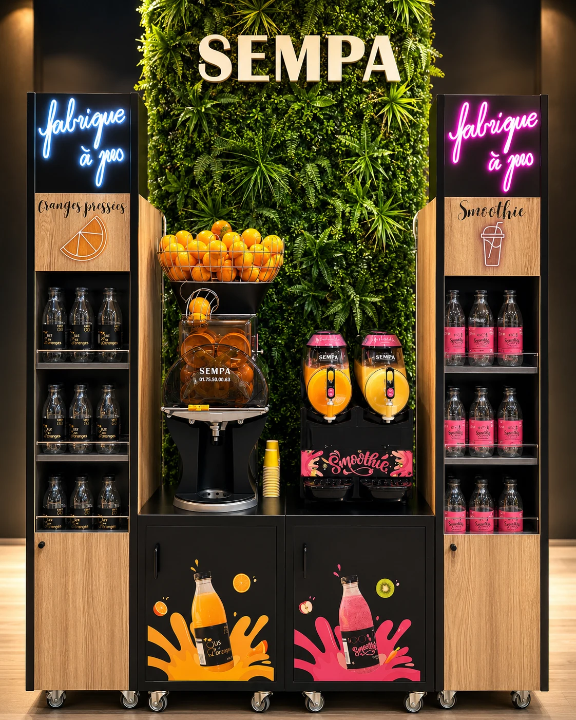 Espace La Fabrique à Jus avec machines à oranges et smoothies dans un univers de restauration