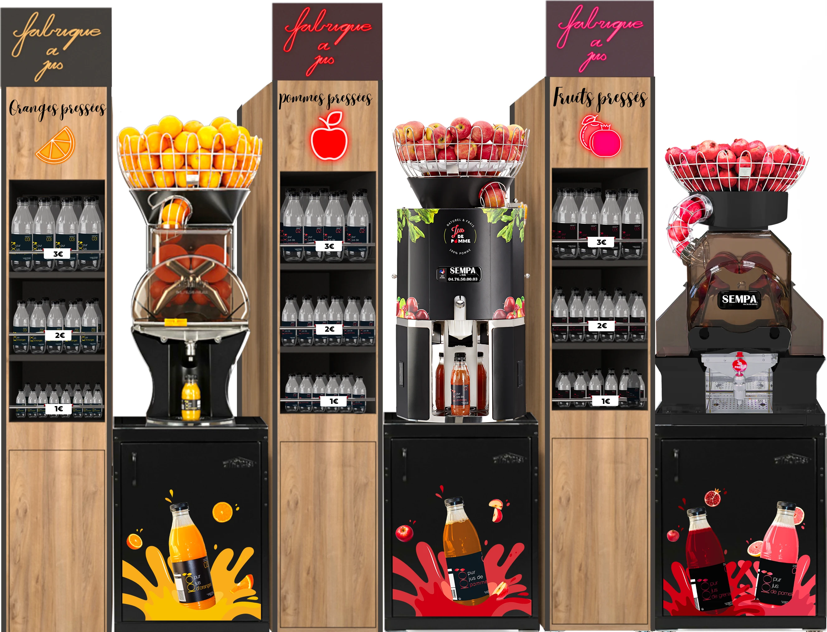 Espace jus frais SEMPA intégré dans un point de vente avec fruits entiers et mobilier bois