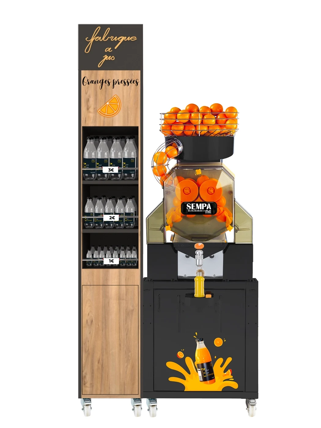 Module premium La Fabrique à Jus avec colonne de présentation et machine à oranges