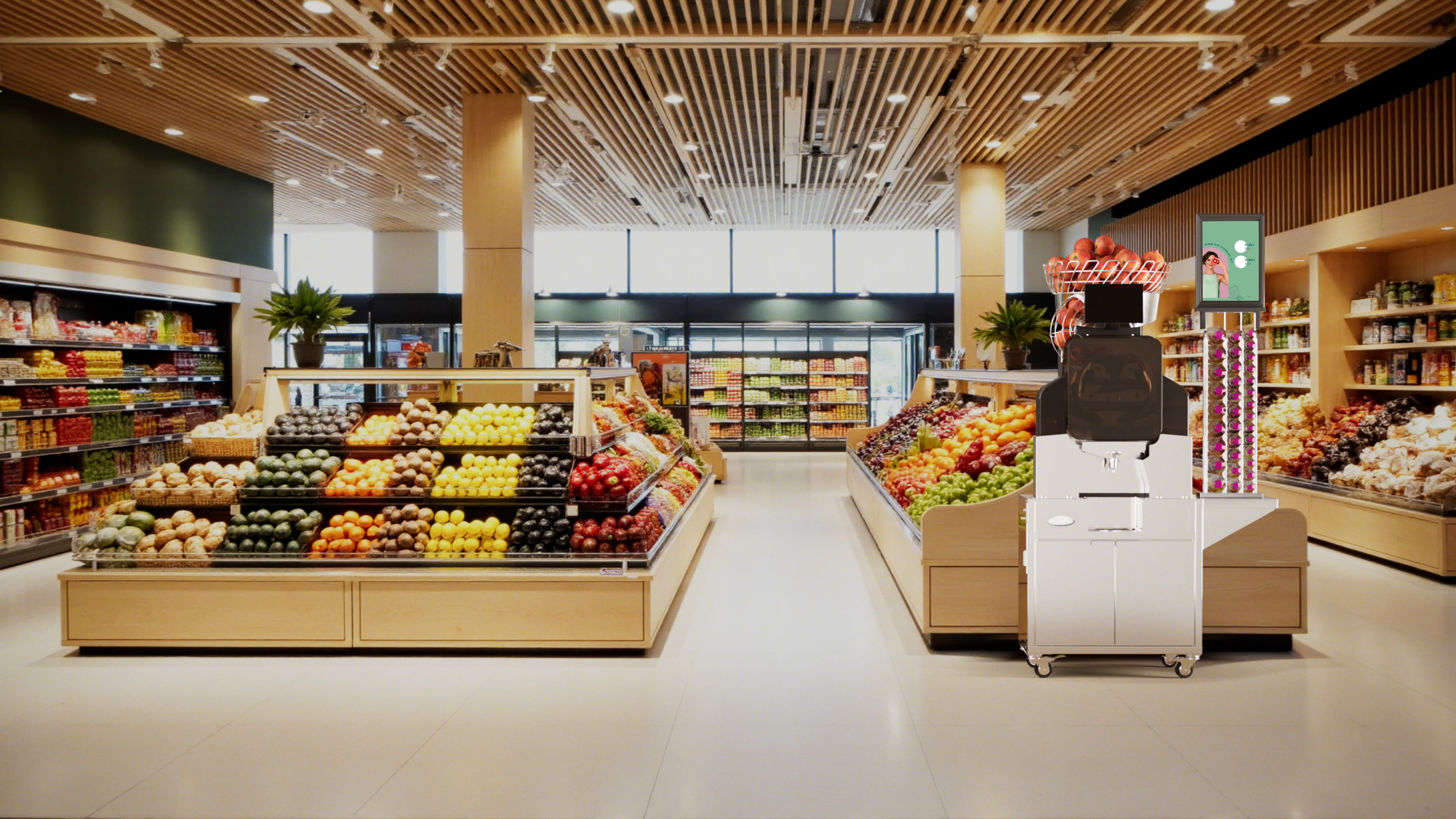 OL 351 ASG sur meuble inox à roulettes avec distributeur de bouteilles et panneau d'appel
