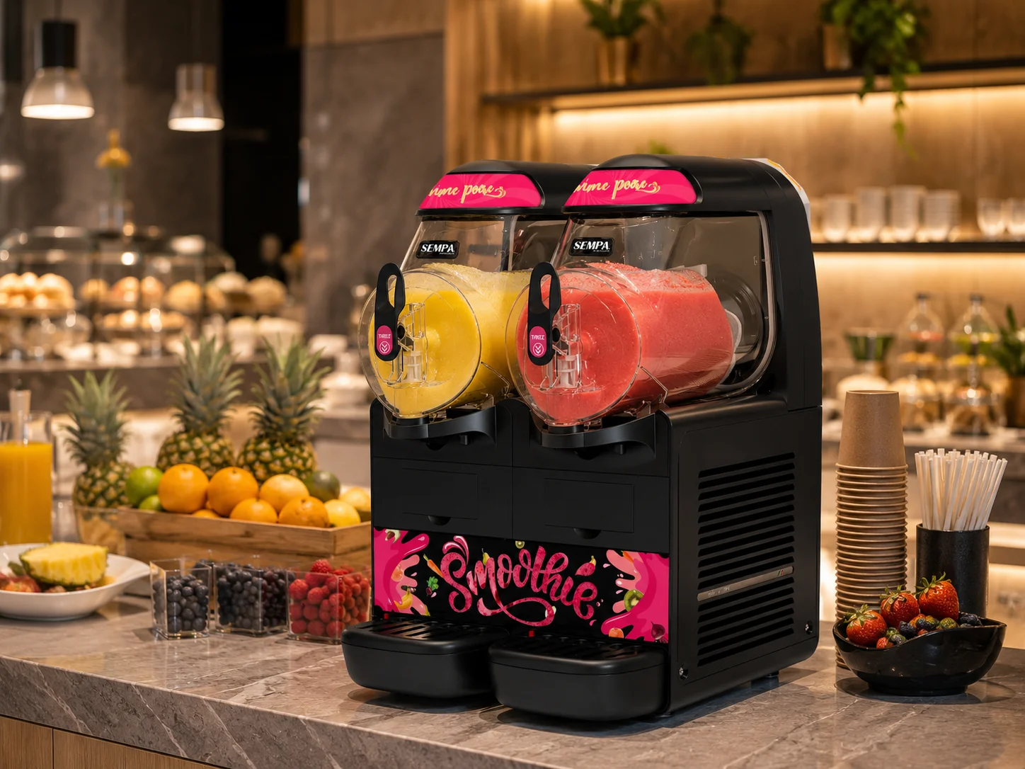 Machine SmoothieLand intégrée à un comptoir avec fruits et contenants