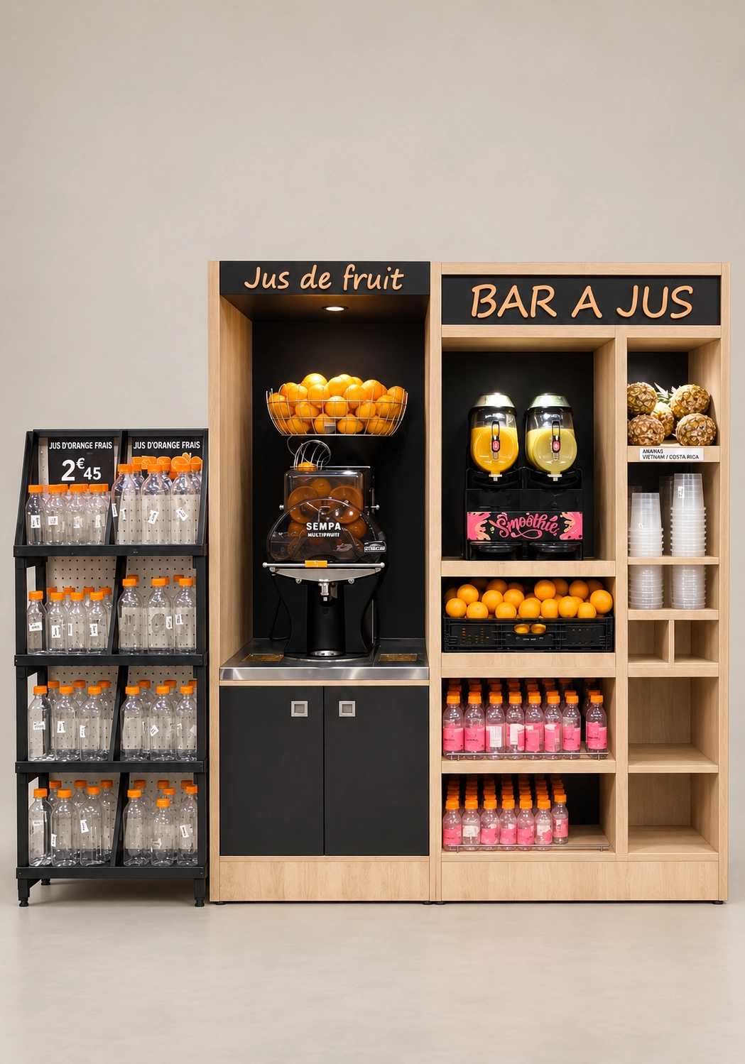 Espace jus en GMS avec machine à smoothies, presse-agrumes et présentoirs de bouteilles